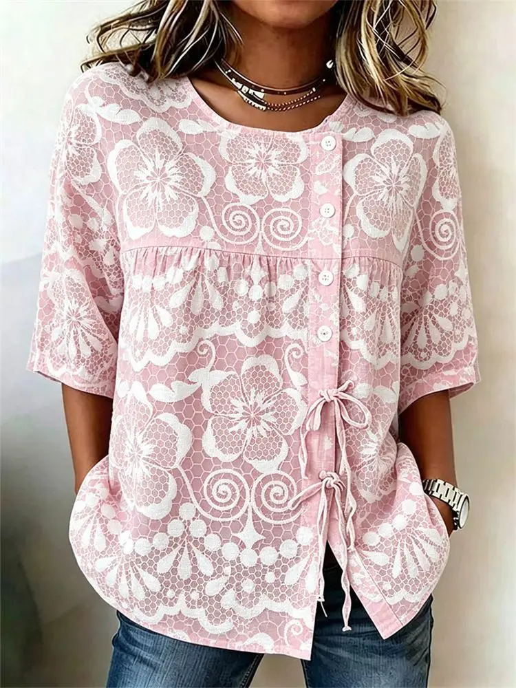 

Women's Lace Floral Print Casual Blouse, Button Tie Front Loose Top with Pockets for Spring Summer Daily Wear