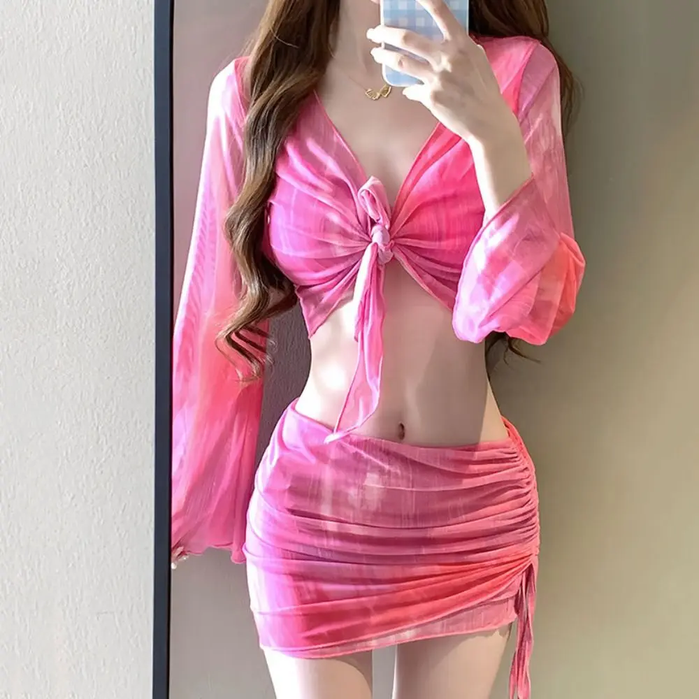 Blue Color Tie Dye Bikini Set 4 Piece Set Pleated Skirt Swimsuit Set Side Ruched Mesh Long Sleeve Bathing Suit Pool Party