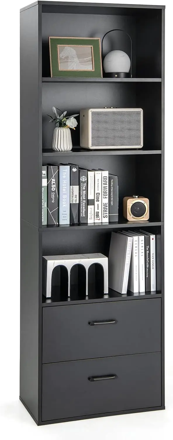 

74"" Tall 4-Tier Bookcase With Drawers - Freestanding Bla Narrow Bookcase With Anti-Tipping Kits, Wood Open Storage Display