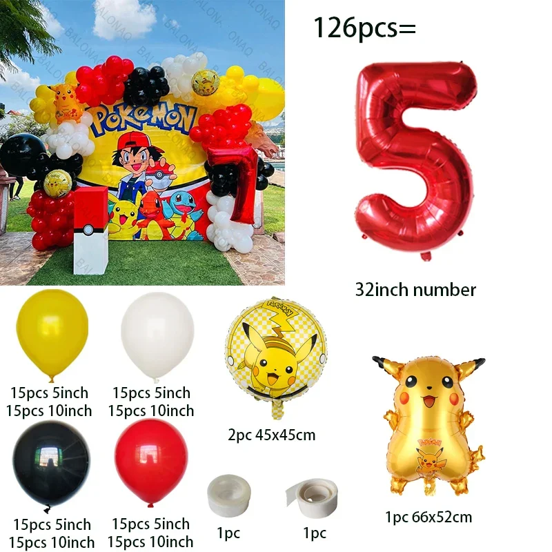 126pcs Cartoon Pikachu Theme Balloons Arch Garland Set Red Black Yellow Latex Balloons Kids Birthday Baby Shower Party Decors