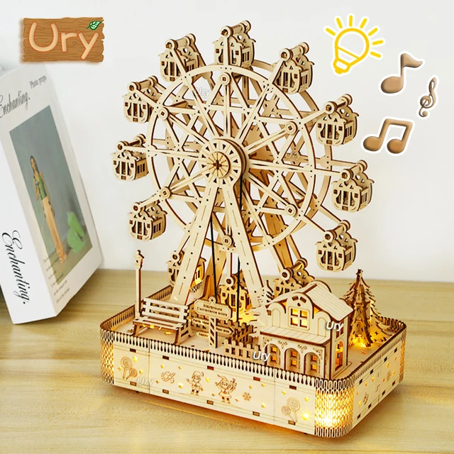 Ury 3D Drewniane puzzle Led Obrotowe kółko mędzi Muzyka Octave Box Model Zestaw mechaniczny Montaż Dekoracja Zabawka DIY Prezent dla dziecka Dorosły