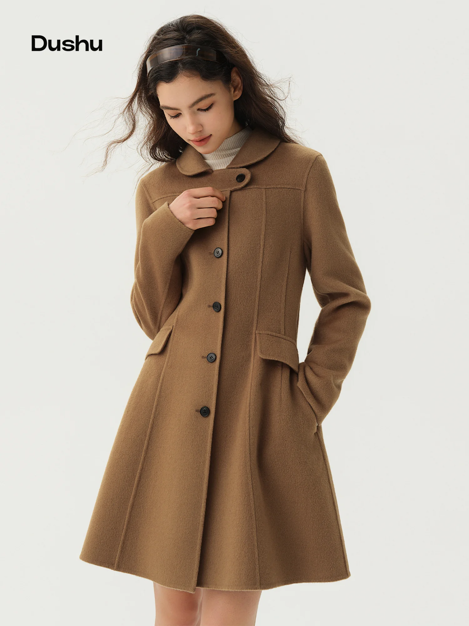 DUSHU 【Classic Silhouette Coat】Peter Pan Collar Waist-cinching Double-faced Wool Coat Retro Winter Wool Outerwear Mid Length