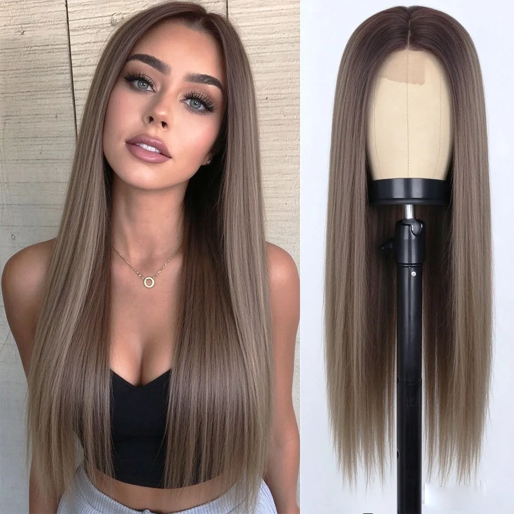 Brown Highlight Lace Front Wig with Dark Roots, Glueless Heat Resistant Synthetic Wig, 24 Inch Straight Hair for Women Daily Use