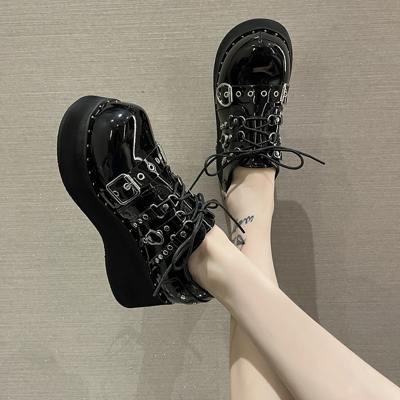 2024 New Rivet Chunky Platform Mary Janes Women Lace-Up Buckle Thick Bottom Flats Woman Japanese Style Punk Gothic Shoes Girls