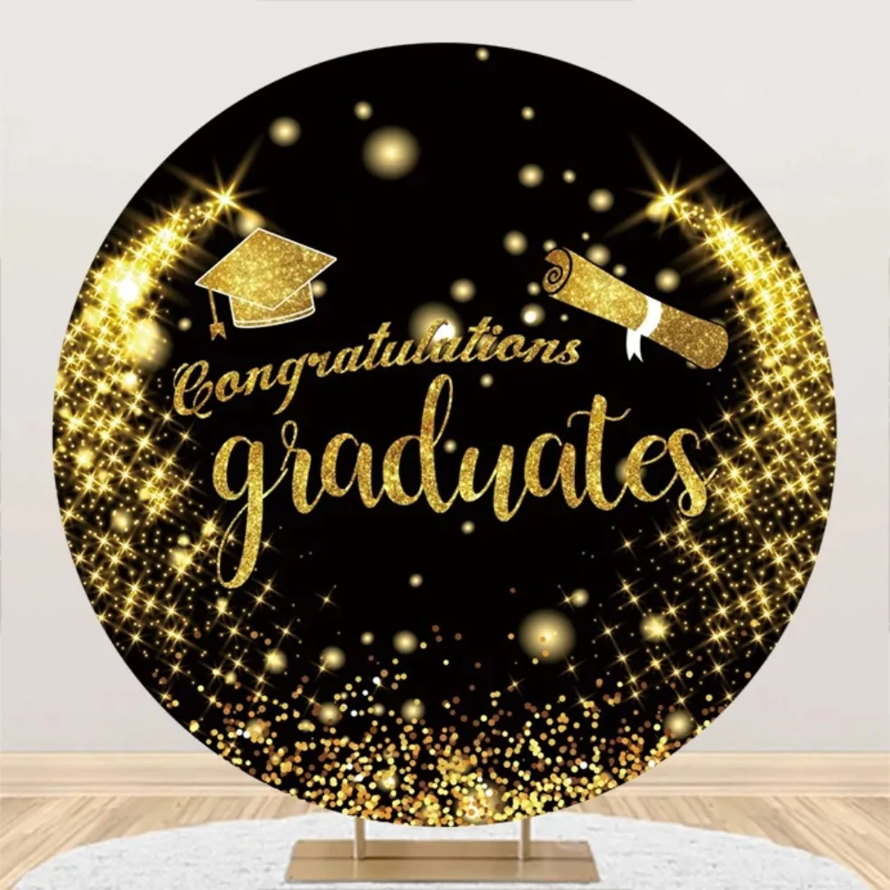 Tableclothsfactory Graduation Round Backdrop Class of 2024 Congrats Grad Prom Party Black Gold Balloon Circle Cover Decorations