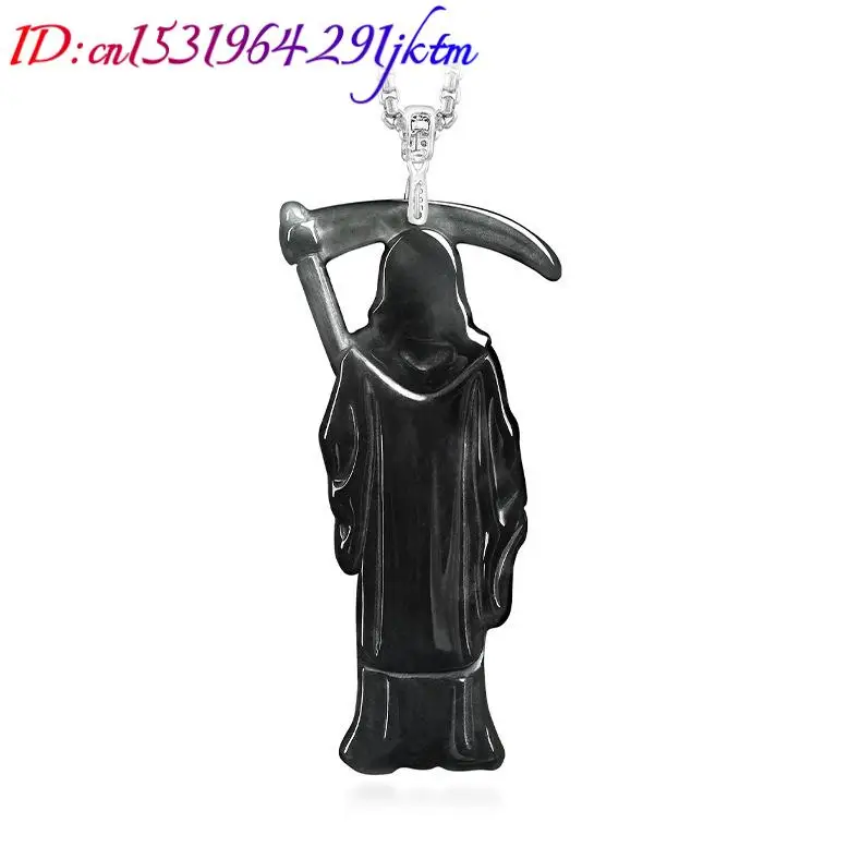 Burmese Jadeite Grim Reaper Pendant Necklace Gemstone Luxury 925 Silver Talismans Vintage Designer Real Jade Gifts for Women - view 4