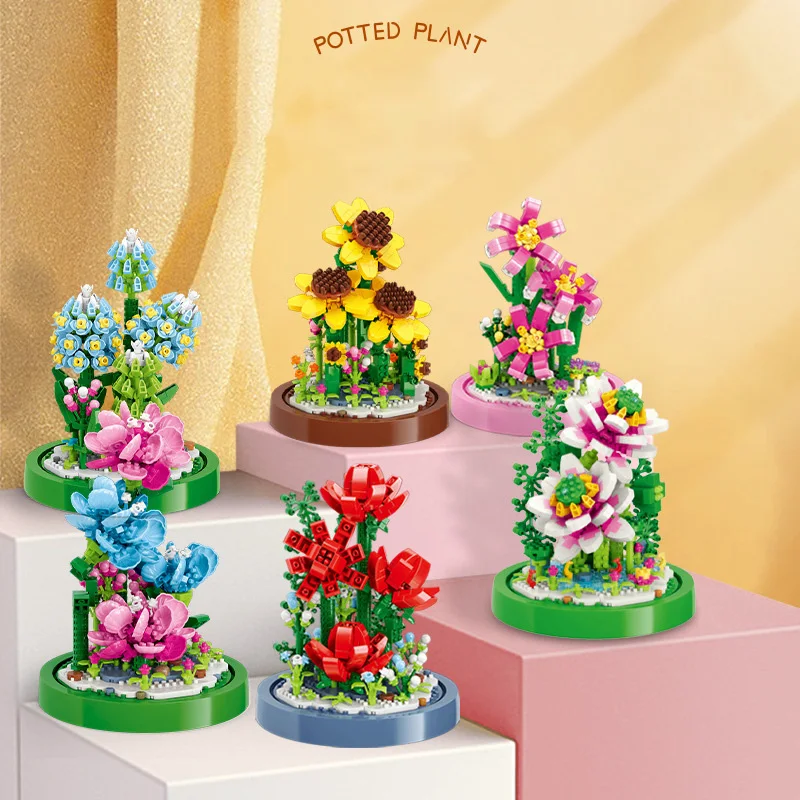 

Plant Exhibition Booth Mini Block Flower Building Brick Rose Lily Lotus Hyacinth Sunflower Carnation Bonsai Toys For GIlr Gift