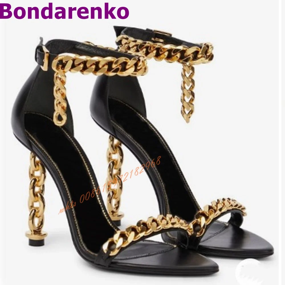 Sexy Chain Heels Sandals Pointed Toe Gold Metal Decor Ankle Straps Sandal Women Shoes Hollow Buckles Leather Designer Party Shoe