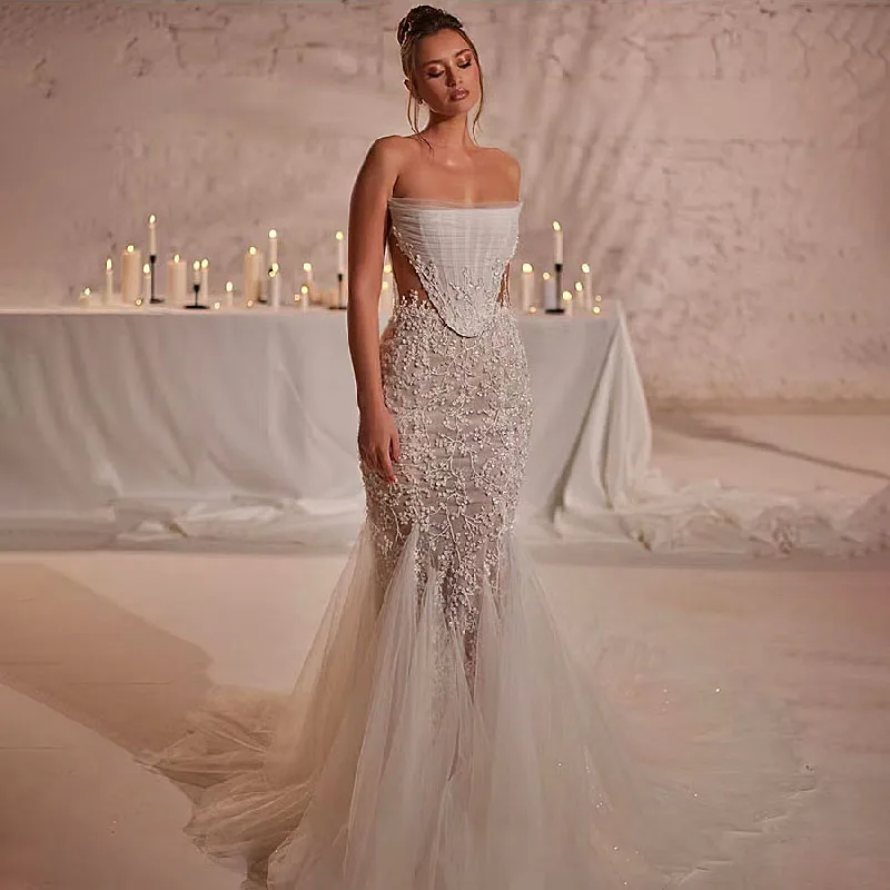 

Romantic Off the Shoulder Custom Made Appliques Wedding Dresses Mermaid Dress Lace Tulle Shiny Bridal Gown Vestido De Novia