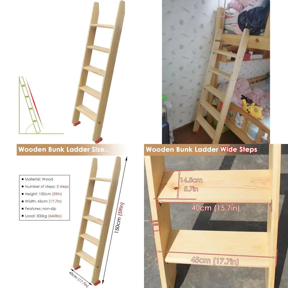 

Wooden 5-Step Non-Slip Indoor Loft Bed Ladder, 150cm, Suitable for Adults, Elderly, and Kids, Dorm Room, RV Bed Accessory