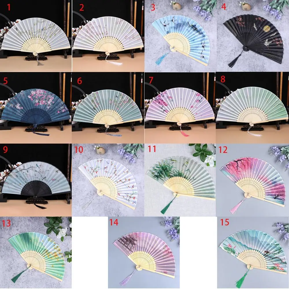 Bamboo Handle Folding Fan Hanfu Accessories No Deformation Handheld Props Fan Ancient Style Silk Fabric Prom Decor