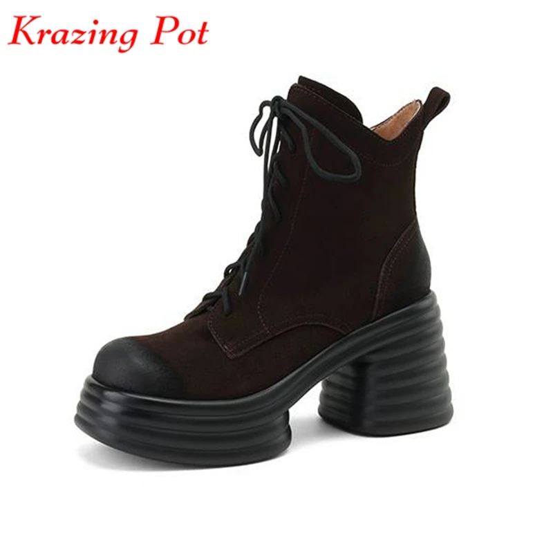 

Krazing Pot Cow suede Round Toe Super High Heels Winter Warm Motorcycle Boots Platform Nightclub sexy lady Ankle Boots