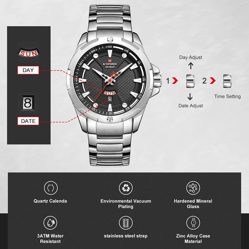 Men\'s Watches NAVIFORCE Top Brand Fashion Business Stainless Steel Male Clock Man Waterproof Quartz WristWatch Relogio Masculino