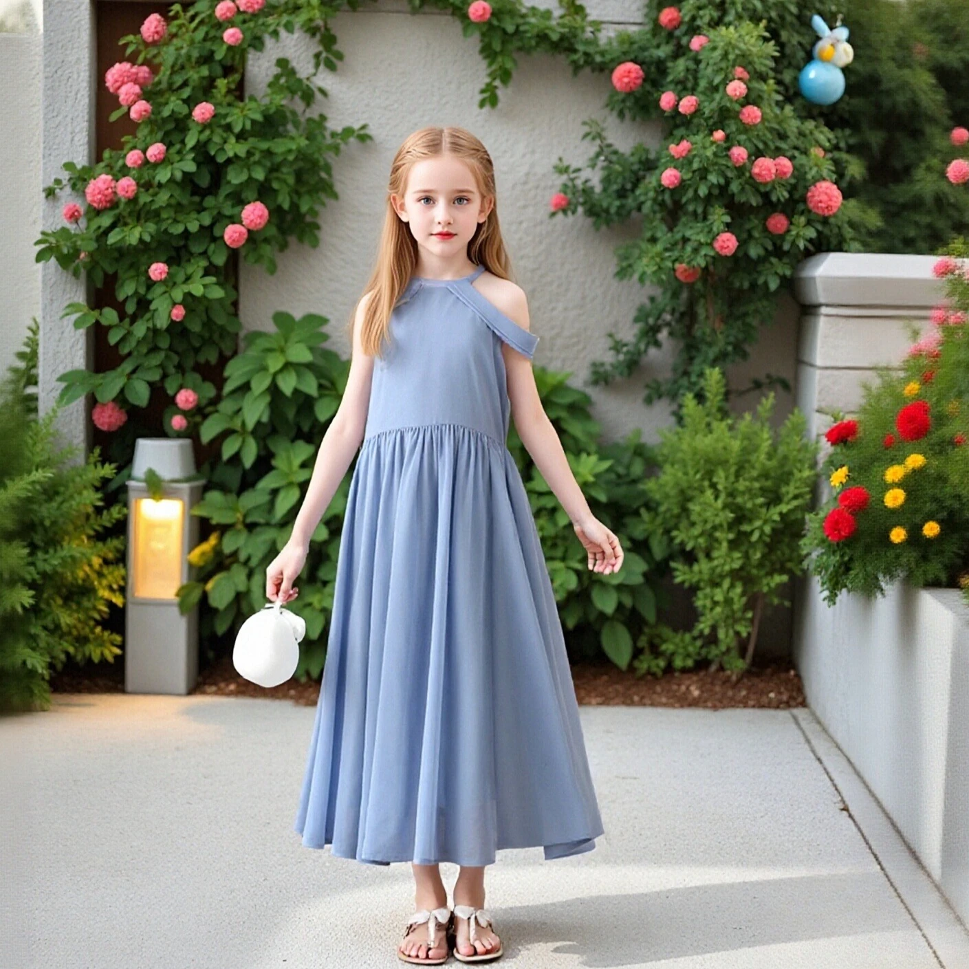 Girls Light Blue Chiffon Halter Cold Shoulder Midi Dress Elegant Tiered Flowy Casual Summer Beach Wedding Kids Princess Sundress