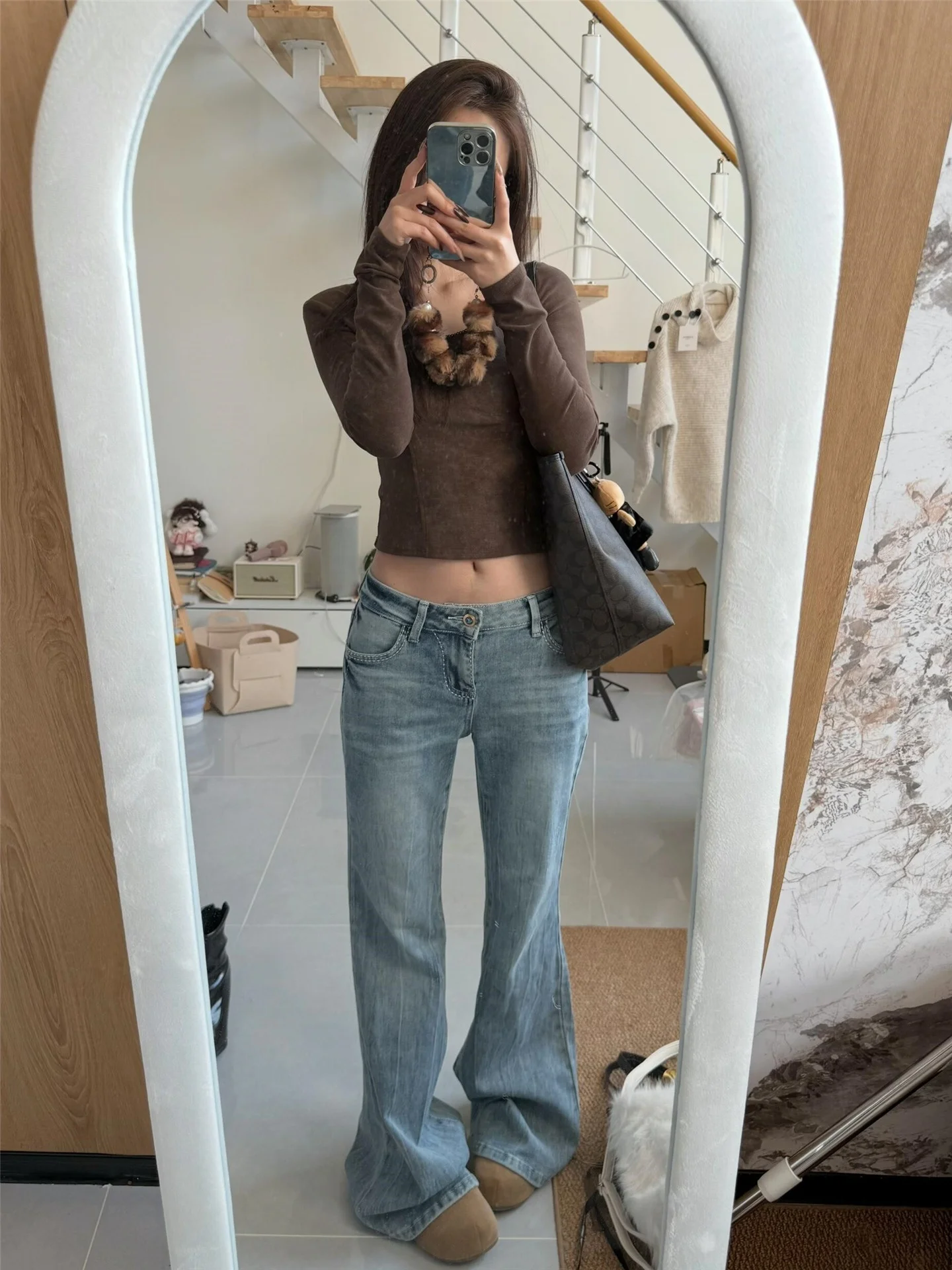 

Retro American Blue Sexy Girl Low Waist Flared Denim Jeans Women's Spring Slimming Washed Design Hoof Pants