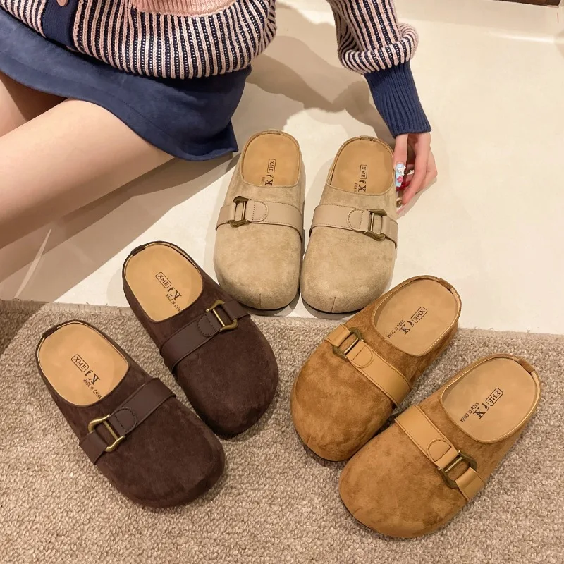 

2025 Thicken Soled Platform Slides Ladies Flats Sandals Comfy Slip on Cork Slippers Woman Flock Pantuflas Cover Toe Mules Shoes