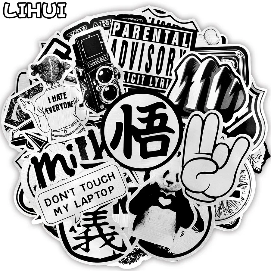 50 PCS Metallic Black and White Stickers Graffiti JDM Funny Cool Waterproof Stickers Decal for Laptop Luggage Skateboard Guitar