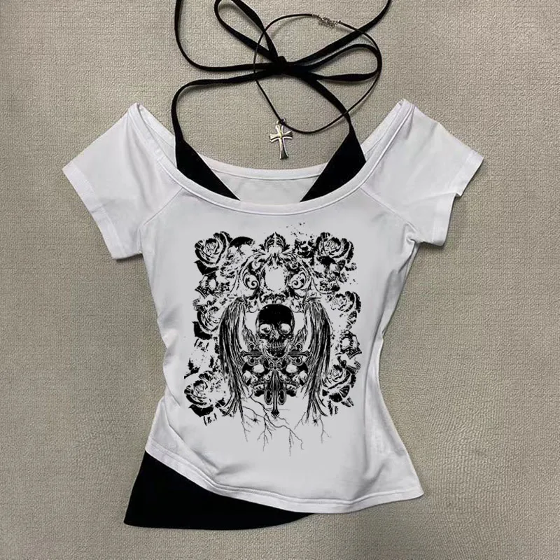 Retro gothic Fake Two-piece Printed T-shirt Women summer Y2K Streetwear Hot Girl Slim Off Shoulder Millennium Harajuku Casual image 2