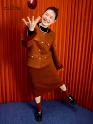 DUSHU Christmas New Year Red Suit For Women 2025 Winter New Design Elegant Hepburn Style Three-piece Skirt Suit Chic Outfit Set