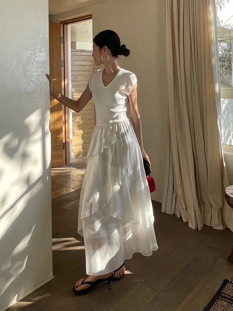 

DesiGar Ele White f Skirt with V-Ne And Lace Trim Slimming Waistline for Powerful Women mat Sle Spring Summ...