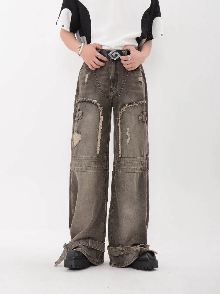 

Нишевые дизайнерские деконструктивные джинсы с рваной строчкой по краю, мужские свободные широкие брюки с перетащающимся хвостом