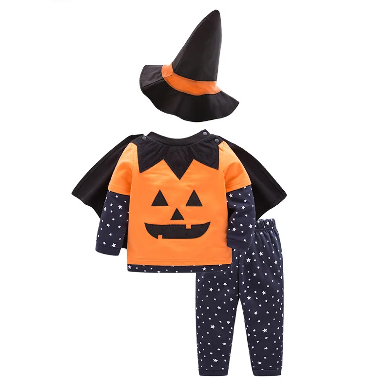 Baby Clothes Boys Girls Halloween Costume Pumpkin 4pcs Sets Long Sleeves Tops Pants Hat Cape Carnival Party Role Play Outfits