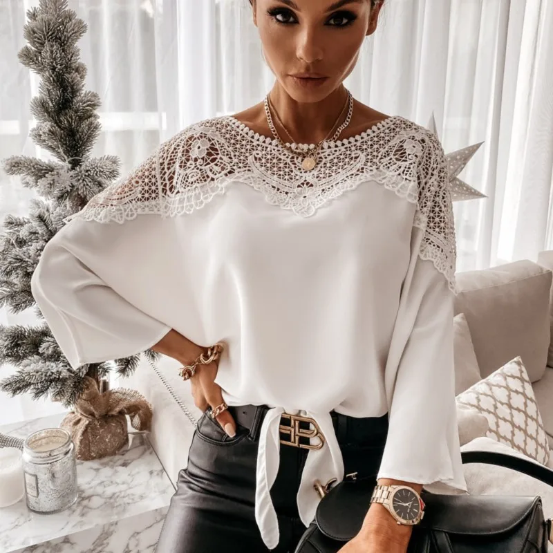 موضة فضفاضة الدانتيل قميص للنساء 2025 ربيع الخريف طويلة الأكمام س الرقبة بلوزة لباس أبيض بلوزات مكتب المرأة عادية