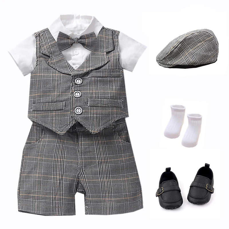 Newborn Baby Boys Formal Clothes Set Bowtie Romper + Shorts + Shoes + Hat Gentleman's Dress Suits Summer Toddler Boys Clothing