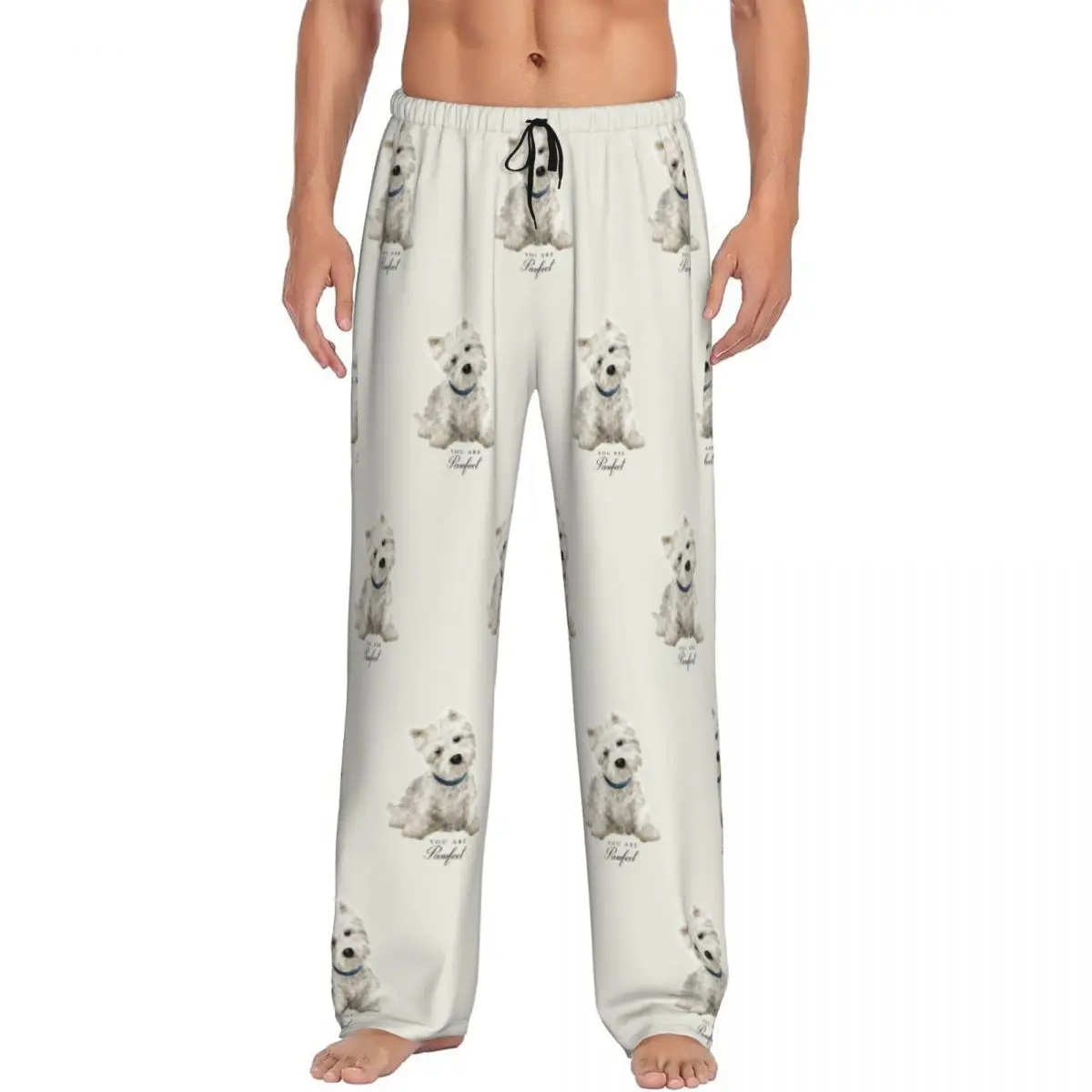 Custom West Highland White Terrier Dog Pajama Pants Sleepwear Men's Elastic Waistband Westie Sleep Lounge Bottoms with Pockets