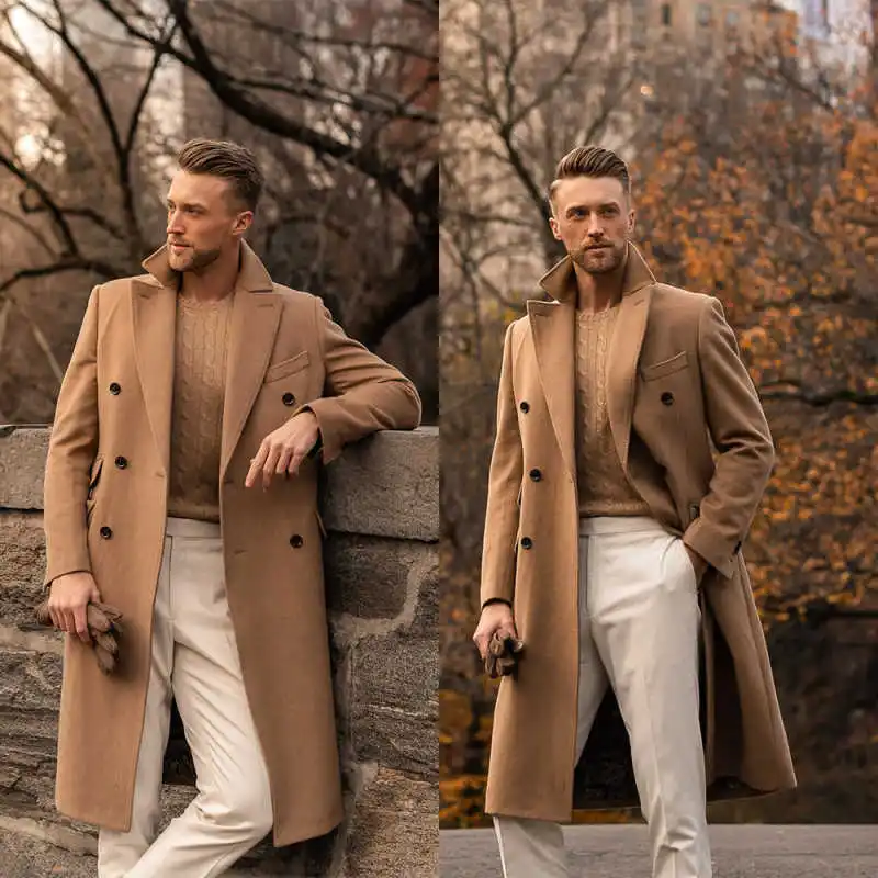 

Handsome Men Overcoat Peaked Lapel Double Breasted Wool Blend Coats Business Formal Occasion Warm Customized
