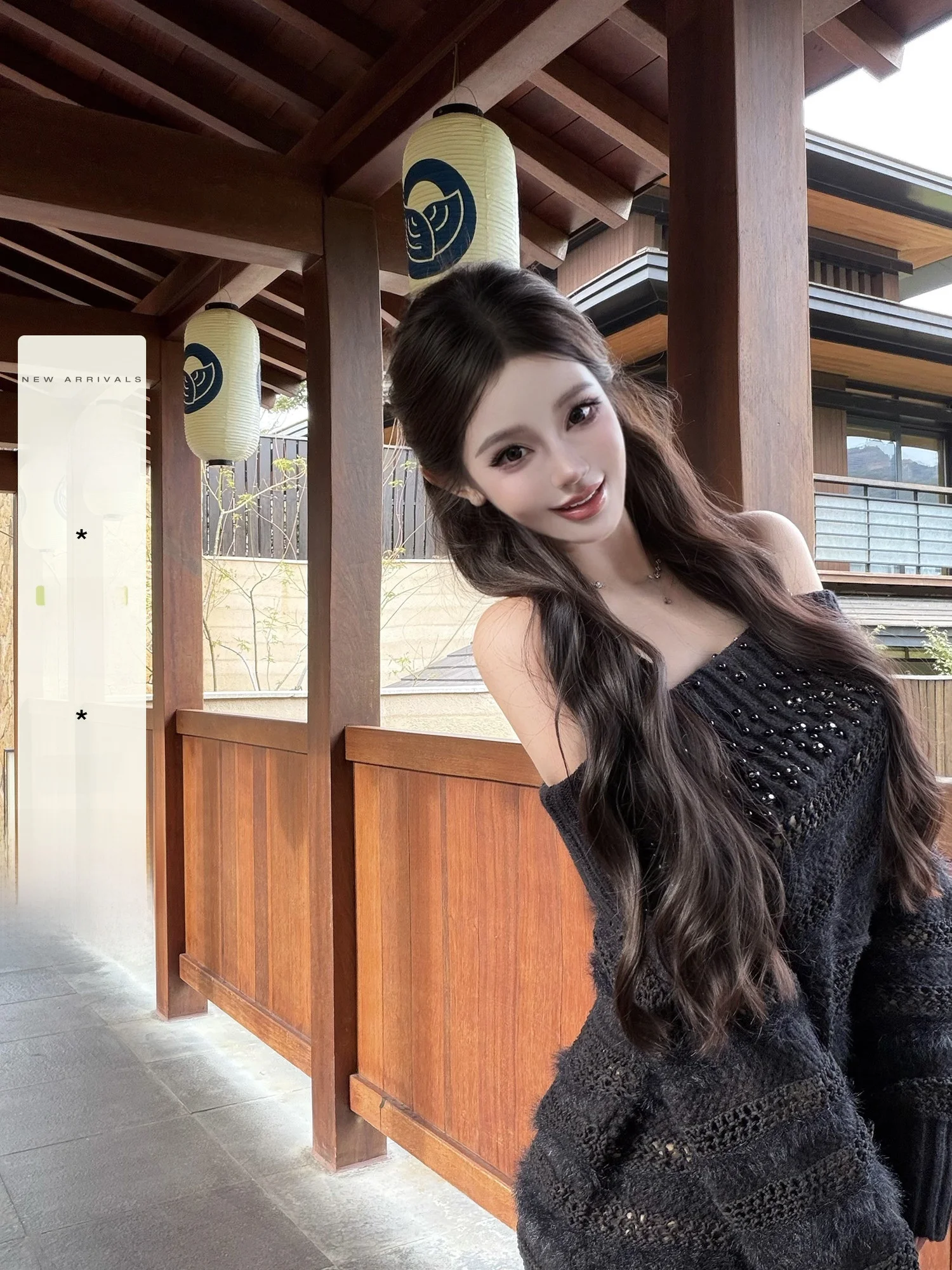 

Ele Pearl Embellied Sweater Hand-sewn Heavy-du ow Model Purple Label Commute Sle Loose Fit Pure Color Long Sve