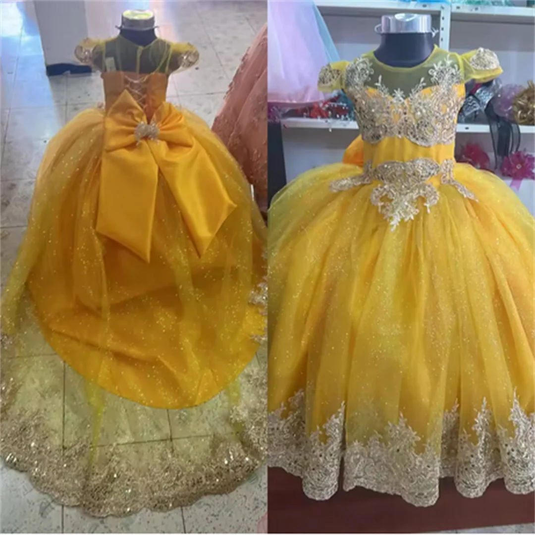 Vestido de niña de flores dorado personalizado para boda, tul brillante, apliques plateados, lazo, fiesta de cumpleaños para niños, vestido de baile de primera comunión
