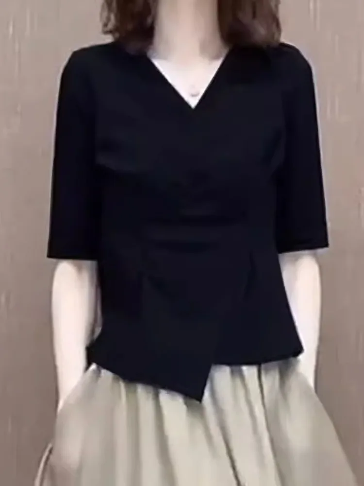 summer-new-sle-outfit-irregular-v-ne-faion-top-elastic-waist-skirt-two-piece-set-fake-collar-korean-sle-pure-color