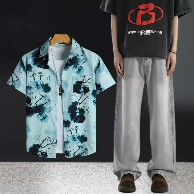 طقم قمصان جينز صيفية كاجوال للرجال بأكمام قصيرة مع ملابس جينز رفيعة ومريحة