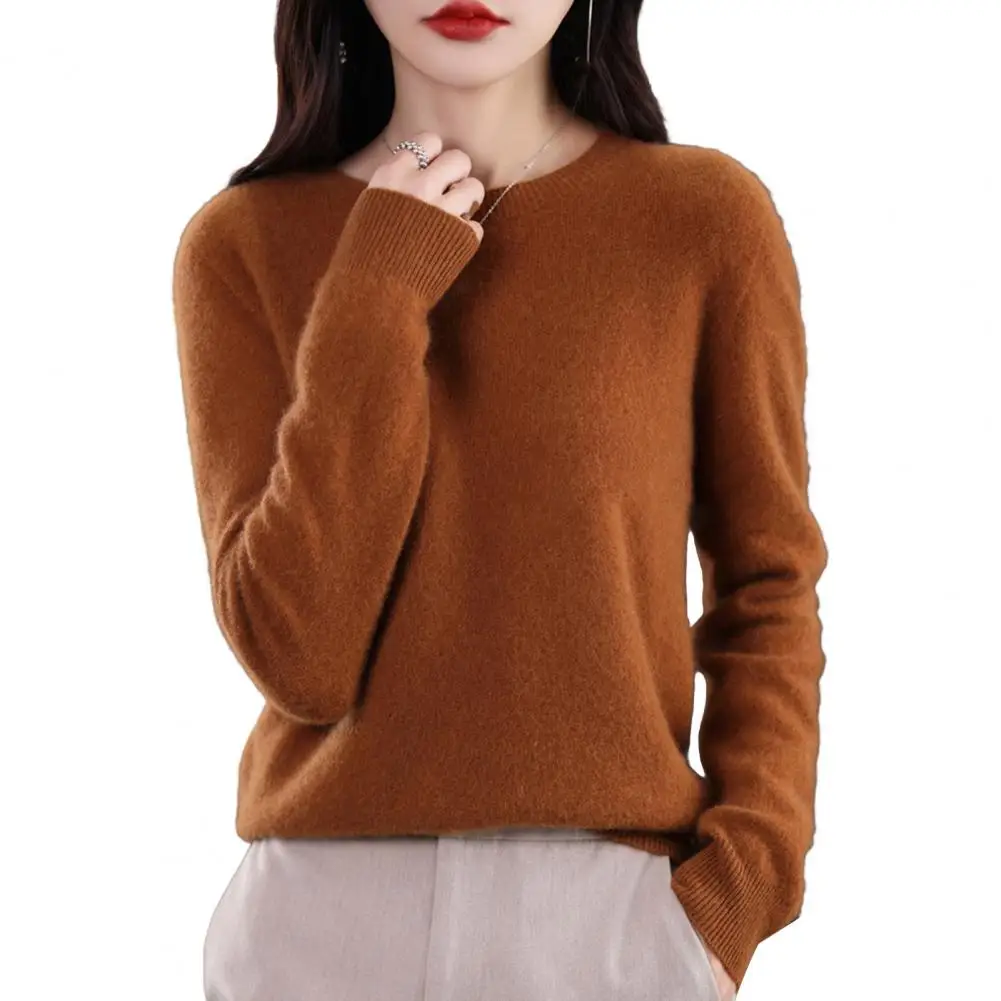 

Women Sweater Imitation Cashmere Crew Neck Sweater Long Sleeve Ribbed Trim Knit Top Soft Pullover