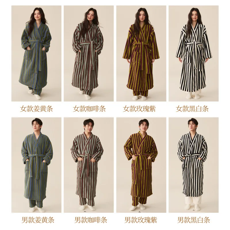 

Couples Thickened Flannel Robe Pants Pajamas Set Autumn Winter New Warm Coral Velvet Women And Men Striped Lengthed Bathrobe