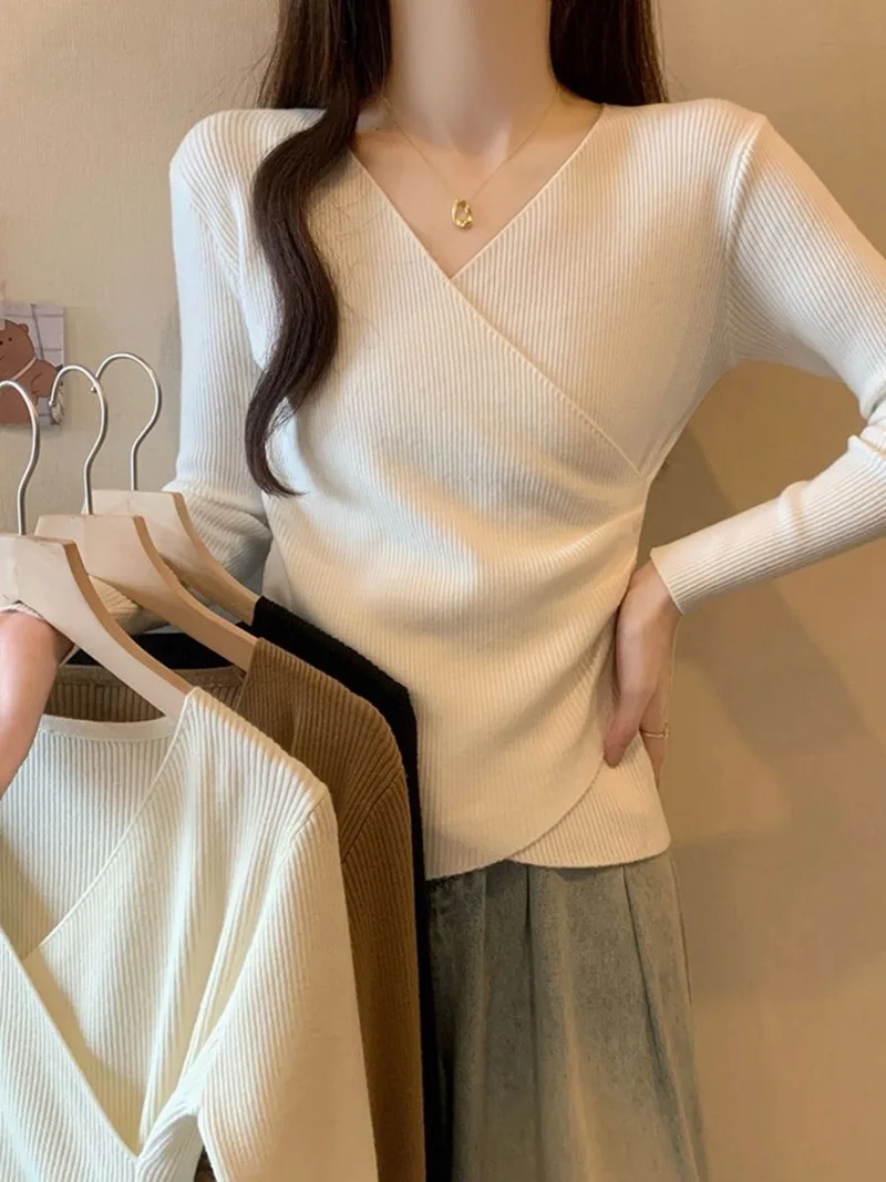 Sweet Hot Girl Irregular Cross V-neck Sweater Women's Autumn and Winter Slim Fit Knitted Pullover Fashion Female Clothes