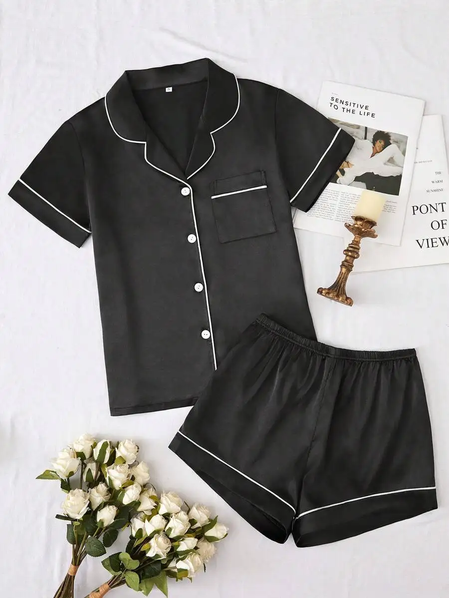 

Black Satin Pajama Set With White Contrast Binding