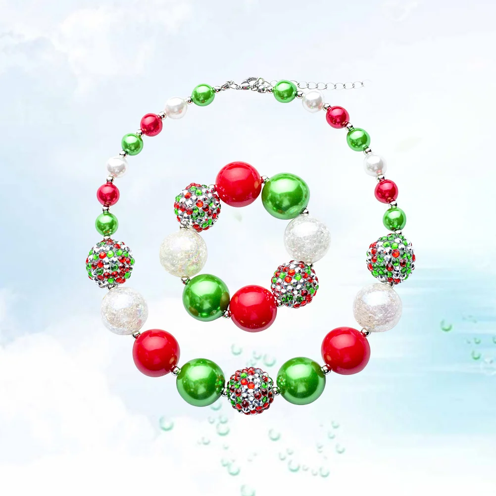 Conjunto de collar y pulsera de cuentas gruesas, joyería verde para niñas, collar para fiesta de Navidad, joyería para niñas