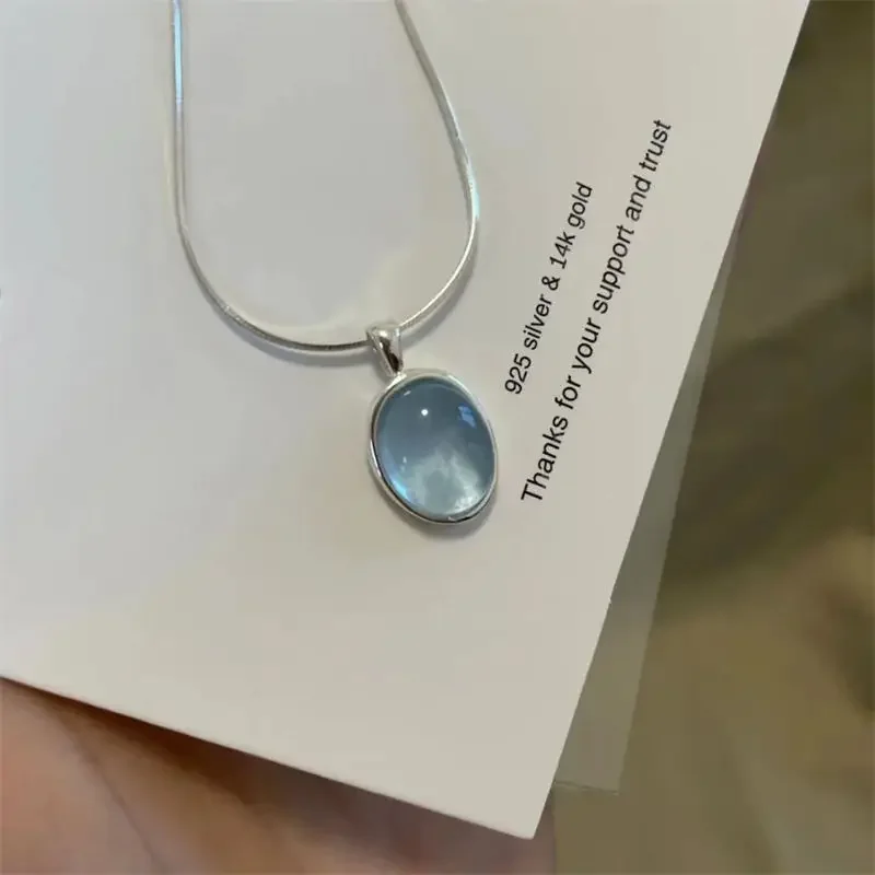 Kalung liontin Aquamarine Oval warna perak kalung rantai ular mewah anak perempuan wanita hadiah perhiasan mode untuk wanita 2025 baru