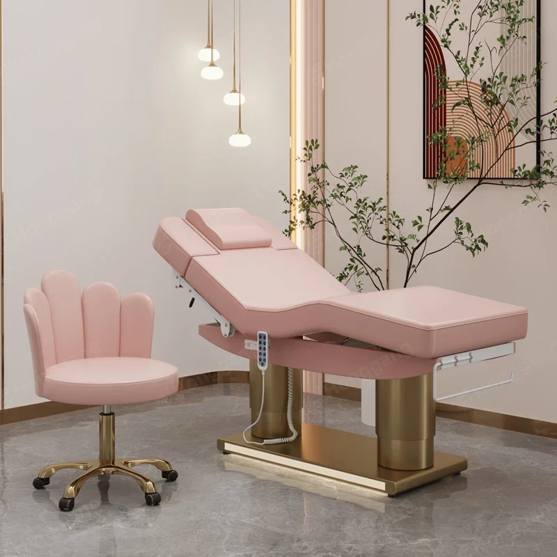 

Luxury Salon Furniture Pink Gold Base Electric Facial Cosmetic Beauty Massage curved Bed Table