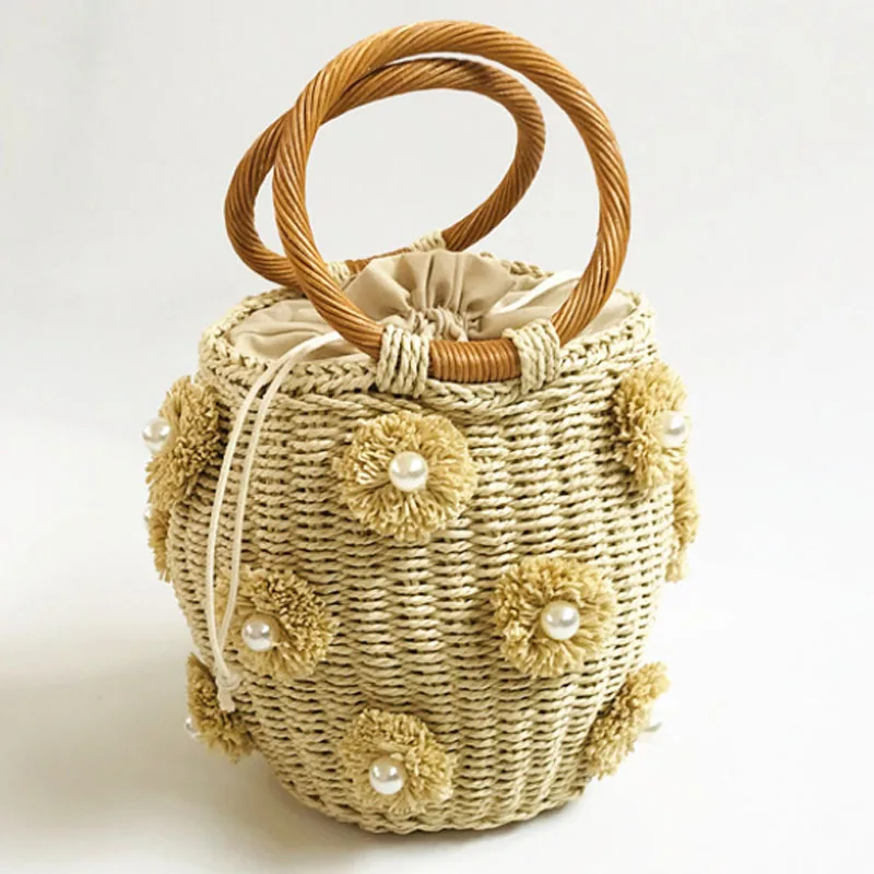 

Designer Bucket Straw Woven Bag For Women New Flower Pearl Decoration Portable Basket Bag Woven Bucket Bag