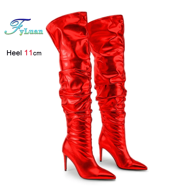 

Красные сапоги выше колена из лакированной кожи, женские туфли для ночного клуба, туфли для выступлений на сцене, туфли на шпильке 11 см, ботинки до бедра на шпильке с острым носком