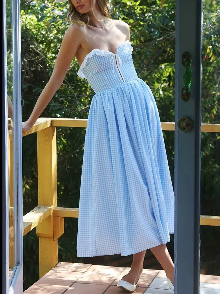 GypsyLady francuska elegancka w kratę Maxi Dresse niebieski czarny pasek elastyczny bez pleców seksowne letnie kobiety powołanie luźne sukienka damska