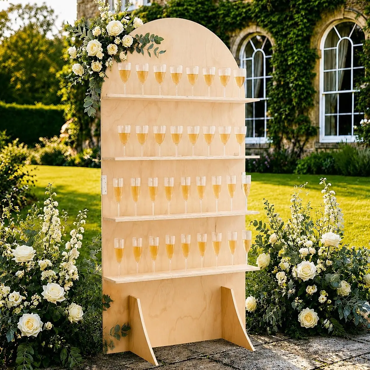 4 Tier Wooden Champagne Wall Stand, Arch Backdrop Drink Display Holder Rack for Wedding Birthday Party, Rustic Farmhouse Style, Natural Wood, 1 Piece