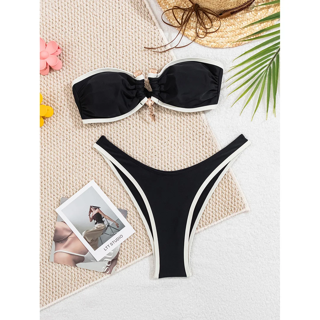 Bandeau-Splicing-Bikini mit Metallring, brasilianischer Bikini, Damen-Badebekleidung, zweiteiliger Bikini-Set, Badeanzug, Badebekleidung, Schwimmbikini V5651 – Detail 16
