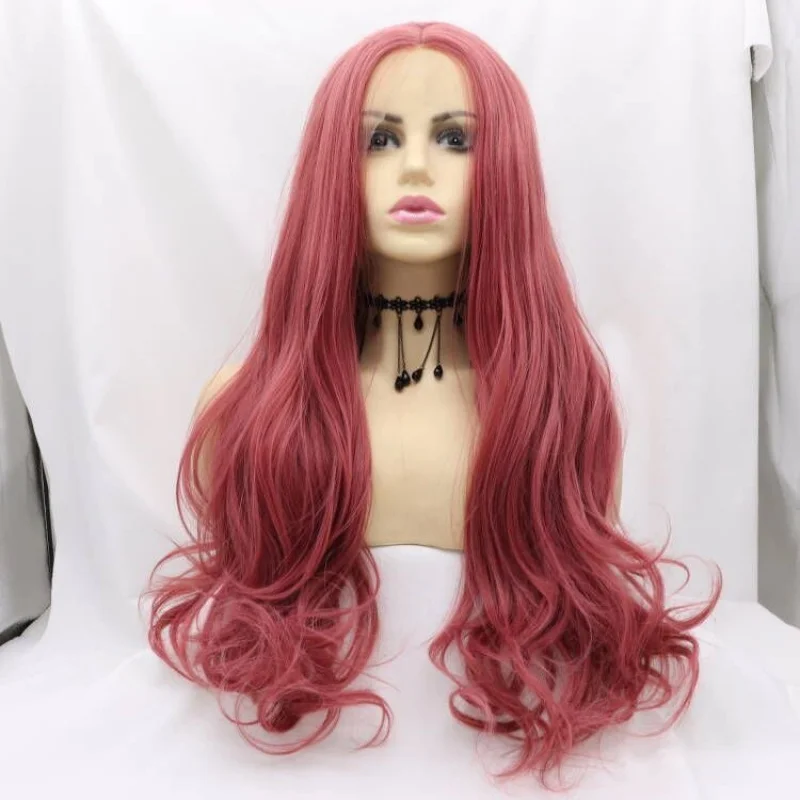 

Front lace fiber wig for women, mixed pinkish-red, free-parting, high-temperature synthetic long curly hair