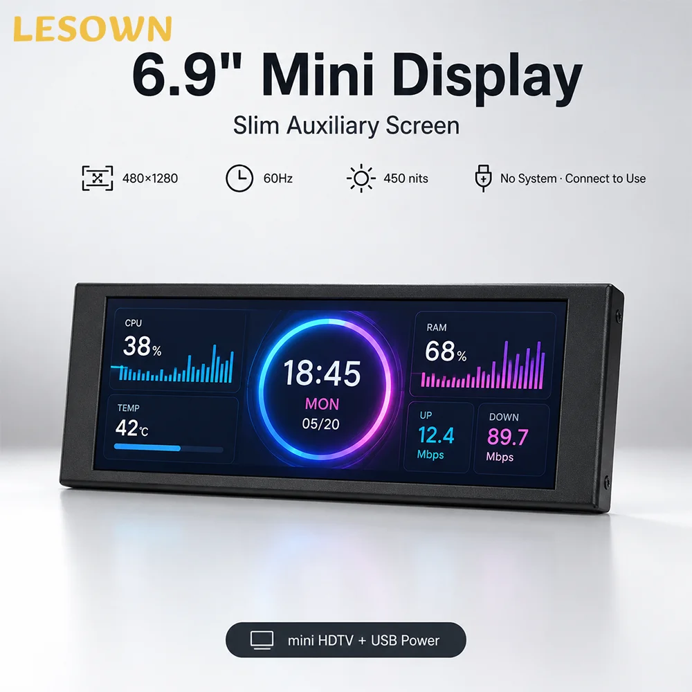 LESOWN 6.9/8.8/11.3 Inch Stretched Bar LCD Monitor Mini HDTV 60Hz Black Aluminum Case for PC Hardware Sensor Panel Setup