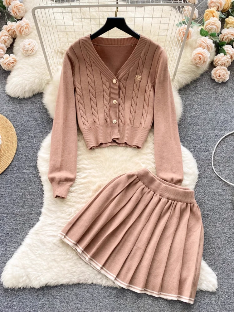 French College Style Retro Knitted Two Piece Set Women Lapel Sweater + High Waist Skirt Casual Pretty Solid Slim Suit Autumn New