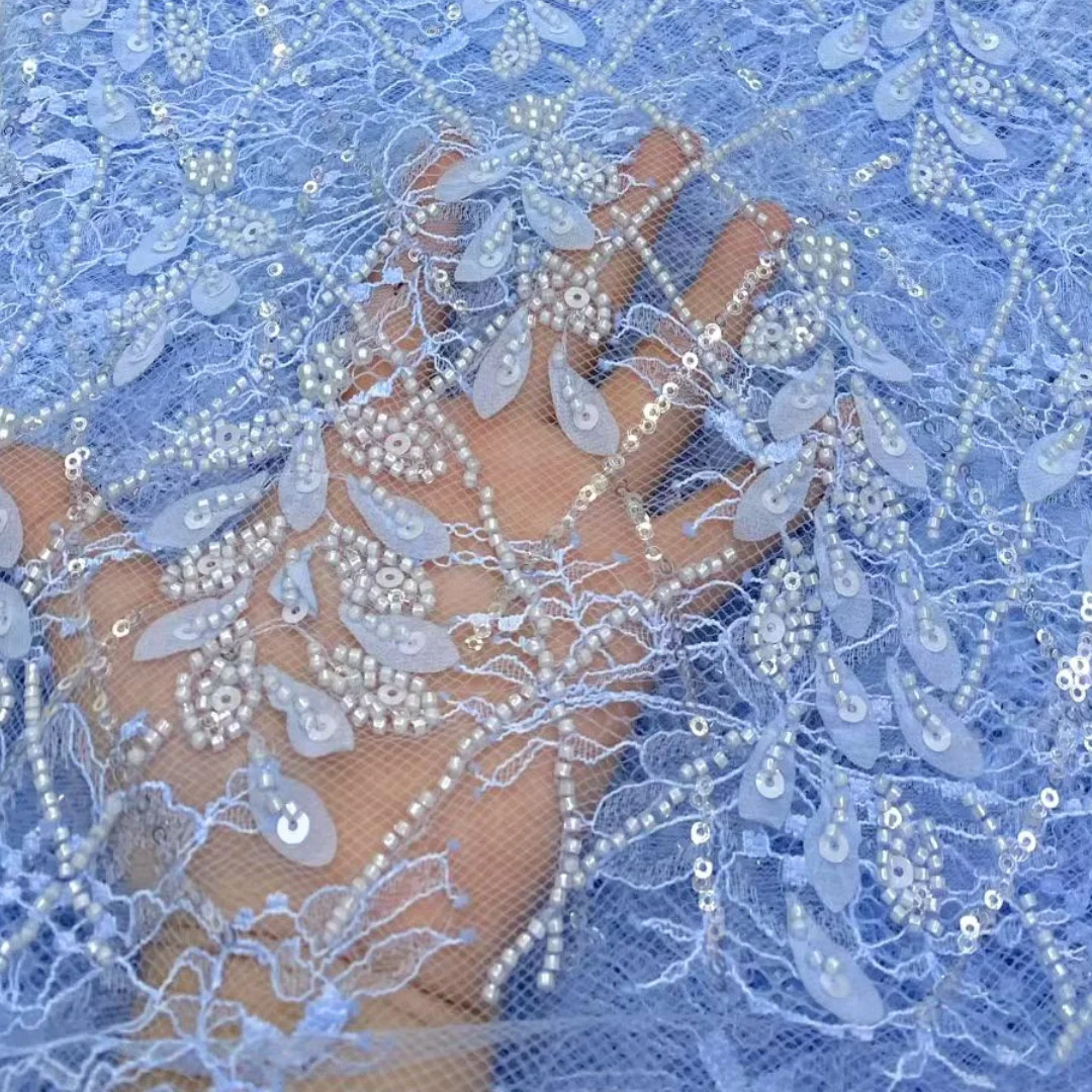 Newest Beaded Mesh Tulle Lace Fabric Nigerian Diamond Grid Geometric Hand Beaded High Quality Lace for Wedding Party Dress